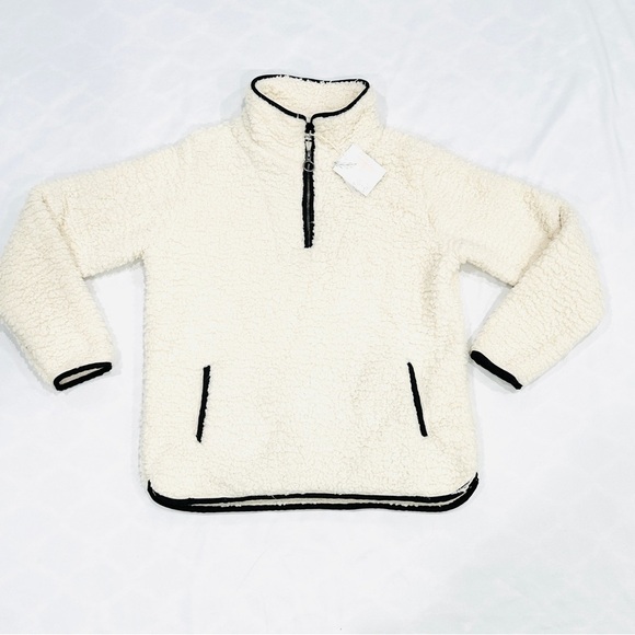 NWT Thread & Supply Cream Black Piping Quarter Zip Sherpa Pullover Sweatshirt - Picture 1 of 8